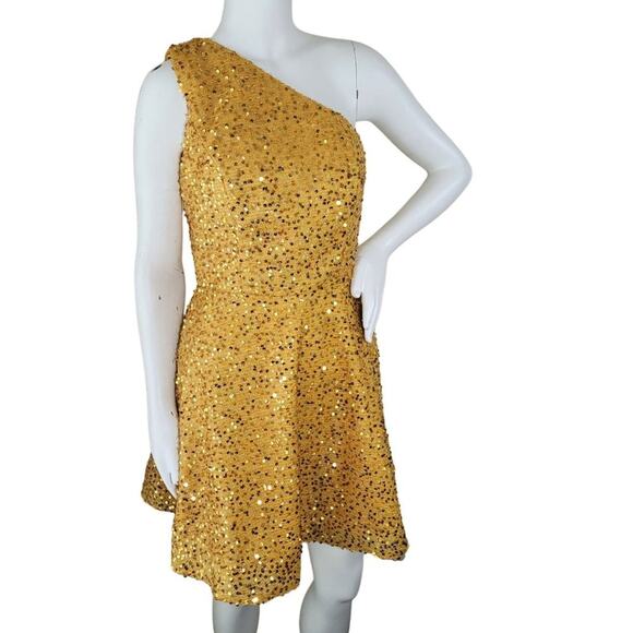 NWT Women's Gold Sequin‎ Dress Short Formal Gown One Shoulder - Picture 1 of 14